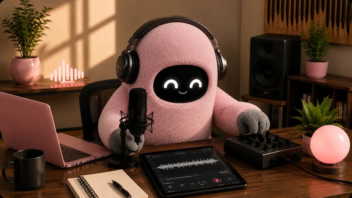 Agente de Adoptian tejido a crochet, con auriculares, hablando a un micrófono delante de una tableta que muestra la onda de voz